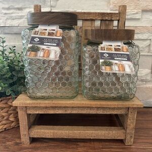 🆕 Set of 2 | Honeycomb Glass Jars / Canisters with Wooden Lids!